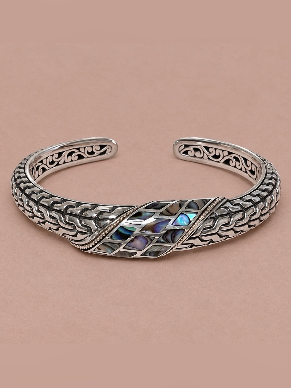 Bali Woven Sterling Silver 925 18K Gold Hinged Cuff Bracelet with Abalone Inlay